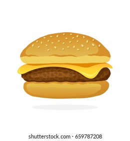  Ilustración vectorial al estilo de las caricaturas. Hamburguesa con queso y carne. Alimentos poco saludables. Decoración para parches, impresiones para ropa, insignias, carteles, emblemas, menús