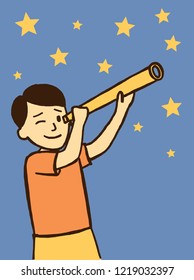 Vector illustration of cartoon style child watching the stars with a telescope