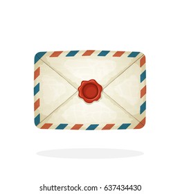 Vector illustration in cartoon style. Closed vintage mail envelope from old paper with red wax seal. Not read incoming message. Decoration for greeting cards, prints for clothes, posters