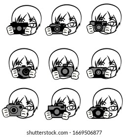 Vector illustration cartoon style collection set of girl with camera taking picture in black and white isolated