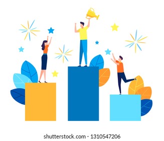 Vector illustration in a cartoon style, concept of achieving a business goal vector, winner with a gold cup, victory in the first place, number one, joyful people around the winner