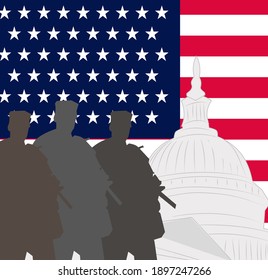 Konzept von Vektorgrafik-Cartoon-Stil der nationalen bewaffneten Wachen zu schützen uns Capitol mit amerikanischer Flagge auf Hintergrund 