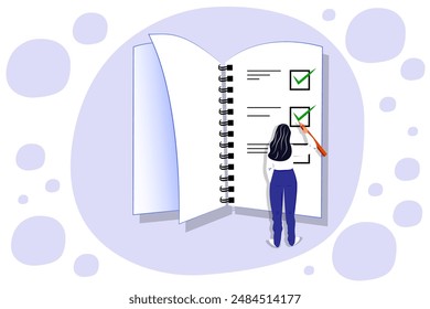 Vector illustration in cartoon style. Concept of woman holding todo, to-do list or checklist with checking of compete tasks. Checkboxes in test document, questionnaire survey form, control list.