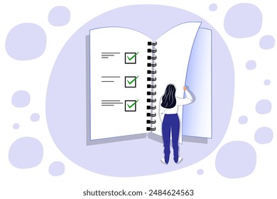 Vector illustration in cartoon style. Concept of woman holding todo, to-do list or checklist with checking of compete tasks. Checkboxes in test document, questionnaire survey form, control list.