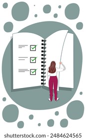 Vector illustration in cartoon style. Concept of woman holding todo, to-do list or checklist with checking of compete tasks. Checkboxes in test document, questionnaire survey form, control list.