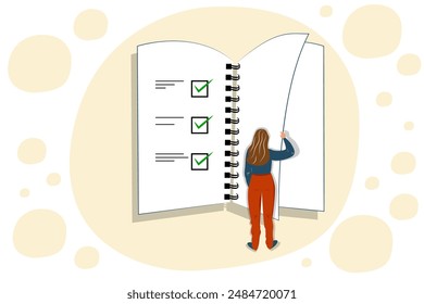 Vector illustration in cartoon style. Concept of woman holding todo, to-do list or checklist with checking of compete tasks. Checkboxes in test document, questionnaire survey form, control list.