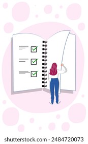 Vector illustration in cartoon style. Concept of woman holding todo, to-do list or checklist with checking of compete tasks. Checkboxes in test document, questionnaire survey form, control list.