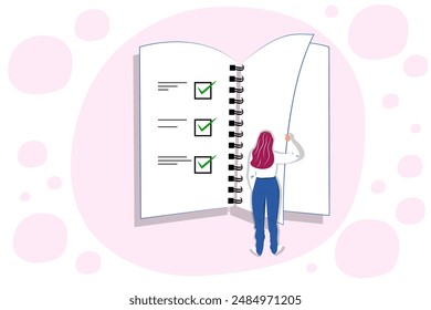 Vector illustration in cartoon style. Concept of woman holding todo, to-do list or checklist with checking of compete tasks. Checkboxes in test document, questionnaire survey form, control list.