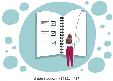 Vector illustration in cartoon style. Concept of woman holding todo, to-do list or checklist with checking of compete tasks. Checkboxes in test document, questionnaire survey form, control list.