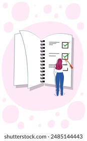 Vector illustration in cartoon style. Concept of woman holding todo, to-do list or checklist with checking of compete tasks. Checkboxes in test document, questionnaire survey form, control list.