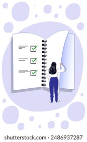 Vector illustration in cartoon style. Concept of woman holding todo, to-do list or checklist with checking of compete tasks. Checkboxes in test document, questionnaire survey form, control list.