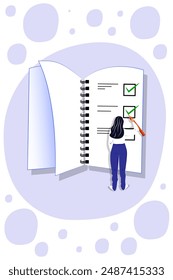 Vector illustration in cartoon style. Concept of woman holding todo, to-do list or checklist with checking of compete tasks. Checkboxes in test document, questionnaire survey form, control list.