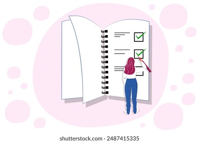 Vector illustration in cartoon style. Concept of woman holding todo, to-do list or checklist with checking of compete tasks. Checkboxes in test document, questionnaire survey form, control list.