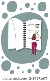 Vector illustration in cartoon style. Concept of woman holding todo, to-do list or checklist with checking of compete tasks. Checkboxes in test document, questionnaire survey form, control list.