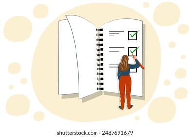 Vector illustration in cartoon style. Concept of woman holding todo, to-do list or checklist with checking of compete tasks. Checkboxes in test document, questionnaire survey form, control list.