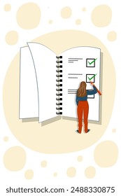 Vector illustration in cartoon style. Concept of woman holding todo, to-do list or checklist with checking of compete tasks. Checkboxes in test document, questionnaire survey form, control list.