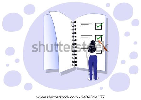 Vector illustration in cartoon style. Concept of woman holding todo, to-do list or checklist with checking of compete tasks. Checkboxes in test document, questionnaire survey form, control list.