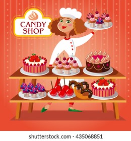 vector illustration in cartoon style. confectioner girl in the pastry shop. cakes on the table.