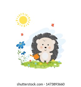Vector illustration of cartoon style with cute hedgehog watering flowers .