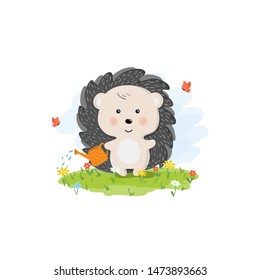 Vector illustration of cartoon style with cute hedgehog watering flowers .