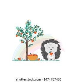 Vector illustration of cartoon style cute hedgehog with Apple. Children s picture. Print for clothes, dishes etc.