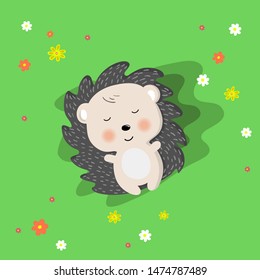 Vector illustration of cartoon style cute hedgehog lying on the grass basking in the sun. Children s picture. Print for clothes, dishes etc.