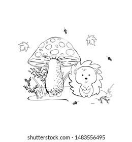 Vector illustration of cartoon style with cute hedgehog and fly agaric. Linear design for coloring