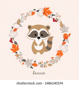 Vector illustration of cartoon style cute raccoon . Nature autumn concept. Baby picture.