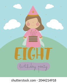 Vector illustration in cartoon style with a cute princess and the inscription eight. It can be used as a birthday card, poster, banner.
