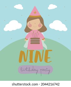 Ilustración vectorial al estilo de las caricaturas con una princesa linda y la inscripción nueve. Se puede usar como tarjeta de cumpleaños, afiche, cartel.