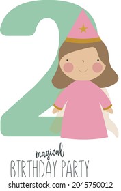 Vector illustration in cartoon style with a cute princess and the number 2. It can be used as a birthday card, poster, banner.