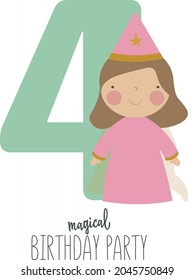 Vector illustration in cartoon style with a cute princess and the number 4. It can be used as a birthday card, poster, banner. svg