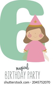 Vector illustration in cartoon style with a cute princess and the number 6. It can be used as a birthday card, poster, banner.