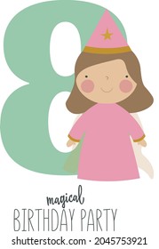 Vector illustration in cartoon style with a cute princess and the number 8. It can be used as a birthday card, poster, banner.