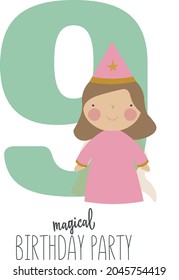 Vector illustration in cartoon style with a cute princess and the number 9. It can be used as a birthday card, poster, banner.