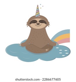 Vector illustration in cartoon style of a cute sloth character with a unicorn horn.