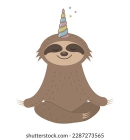 Vector illustration in cartoon style of a cute sloth character with a unicorn horn.