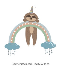 Vector illustration in cartoon style of a cute sloth character with a unicorn horn.