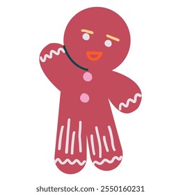 Vector Illustration in Cartoon Style Cute Gingerbread Cookie with Decorative Icing, Minimalist Festive Design Featuring Playful Holiday Details, Perfect for Christmas and New Year-Themed Creative 