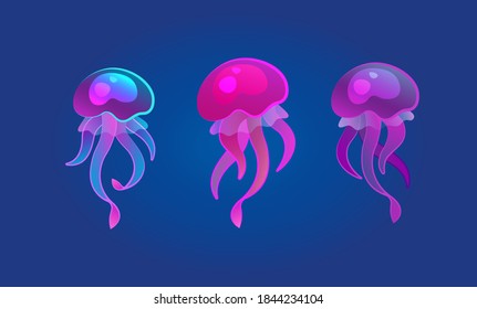 a vector illustration in cartoon style depicting three isolated jellyfish with bright gradients