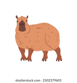 Vector illustration in cartoon style depicting a capybara on an isolated background. This standing character is perfect for fabric designs, cards, wrapping paper or children's parties.