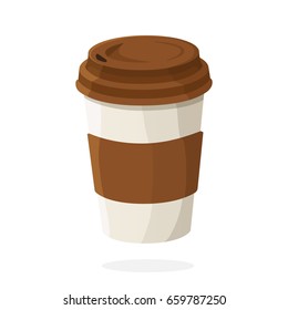 Vector illustration in cartoon style. Disposable paper cup with coffee or tea. Decoration for patches, prints for clothes, badges, posters, emblems, menus