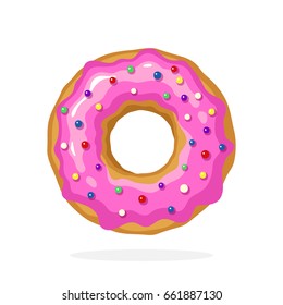 Vector illustration in cartoon style. Donut with pink glaze and colored sugar dragees. Decoration for menus, signboards, showcases, prints for clothes, posters, wallpapers