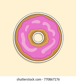 Vector illustration in cartoon style. Donut with pink glaze and colored sugar dragees. Decoration for menus, signboards, showcases, prints for clothes, posters, wallpapers