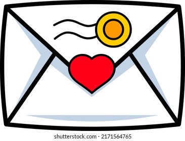 Vector illustration. Cartoon style drawing of a letter. White envelope with a heart in the center. Outline.