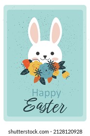 Vector illustration in cartoon style. Easter bunny with flowers. Easter greeting card.