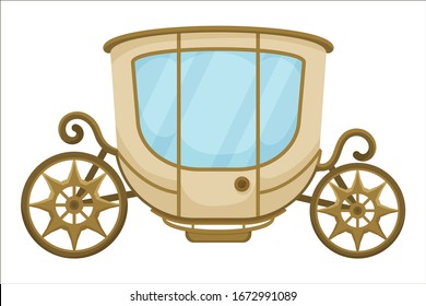 vector Illustration in cartoon style with fairytale carriage with wheels Isolated on white backdrop. Concept of sophisticated ride in old vintage coach, romantic wedding celebration for newlyweds