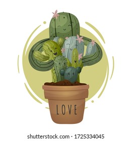 Vector illustration, cartoon style. A family of cacti of different colors and characters are hugging together in a flower pot. Love is written on the pot. Home plants.