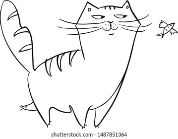 Vector illustration in cartoon style. A fat funny cat looks a flying fish . Black outline drawing on white background. Print for clothes, tableware, stationery.