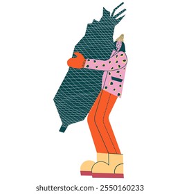 Vector Illustration in Cartoon Style: Festive Woman Hugging a Wrapped Christmas Tree, Dressed in Pink Jacket, Orange Pants, Party Hat, and Gloves, Minimalist Holiday Design with Retro Vibes for Season